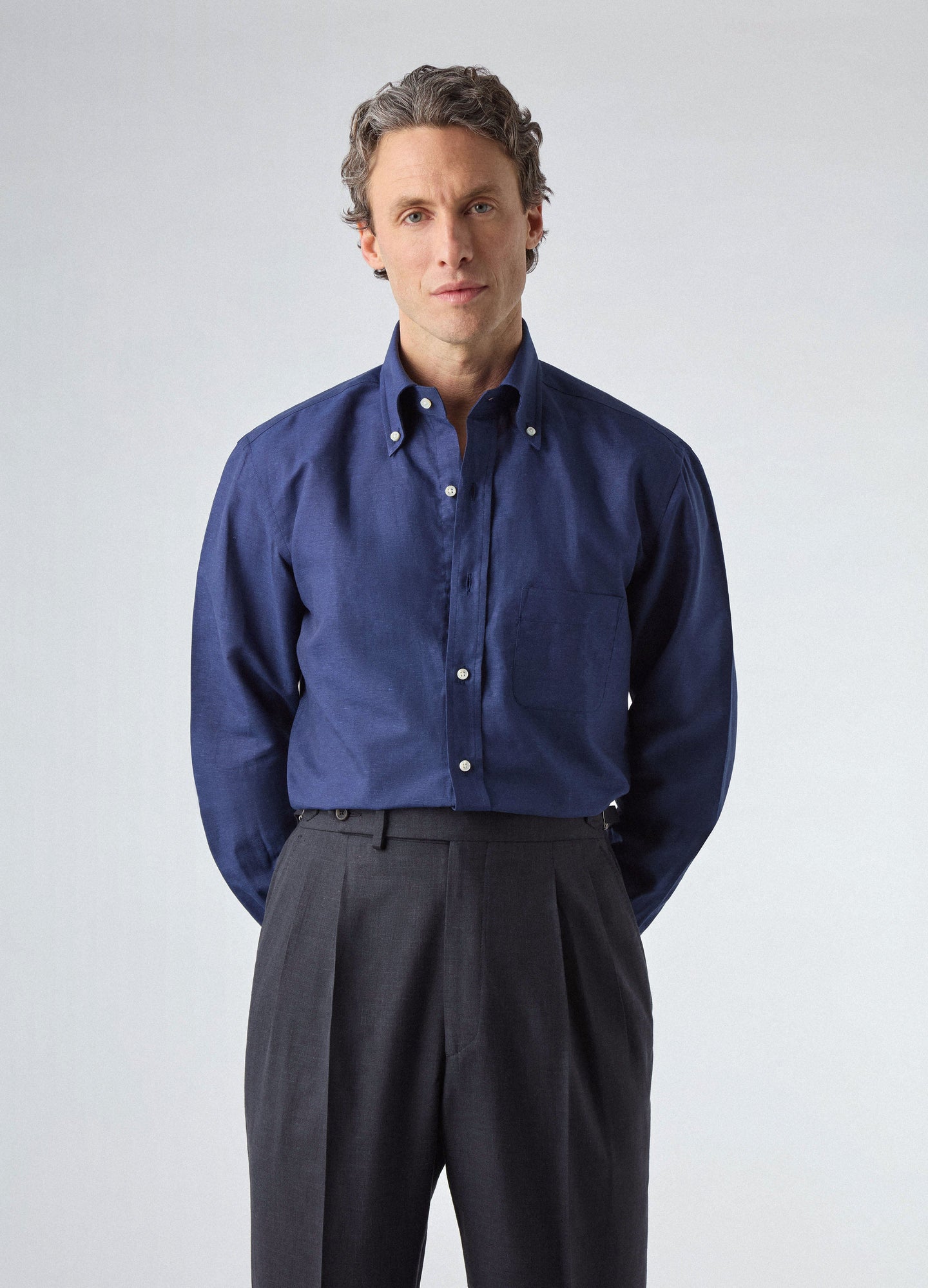Ferdinand Cotton/Linen Button Down Shirt - Navy Berg & Berg