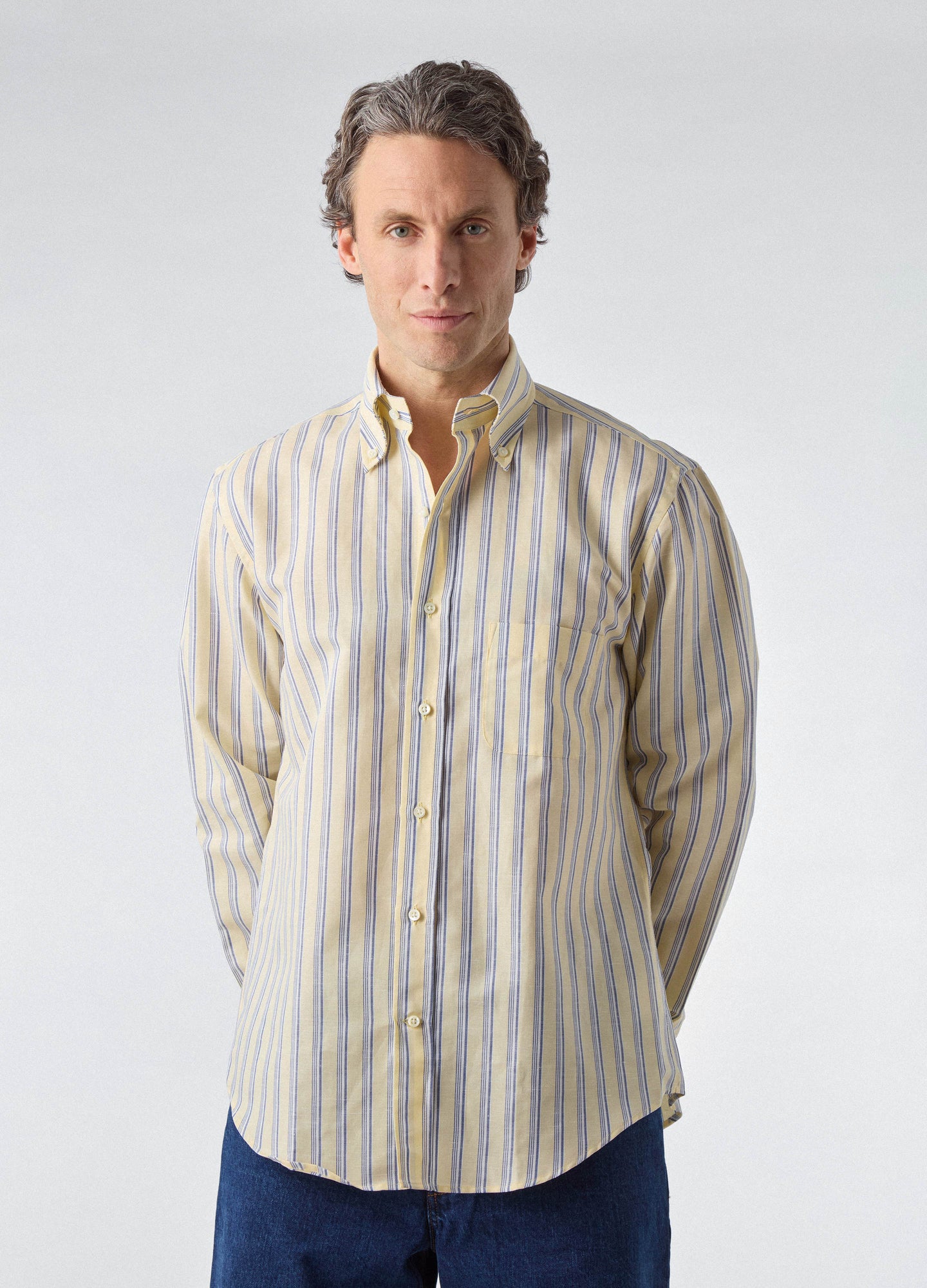 Ferdinand Cotton/Linen Button Down Shirt - Yellow/Blue/White | Berg & Berg