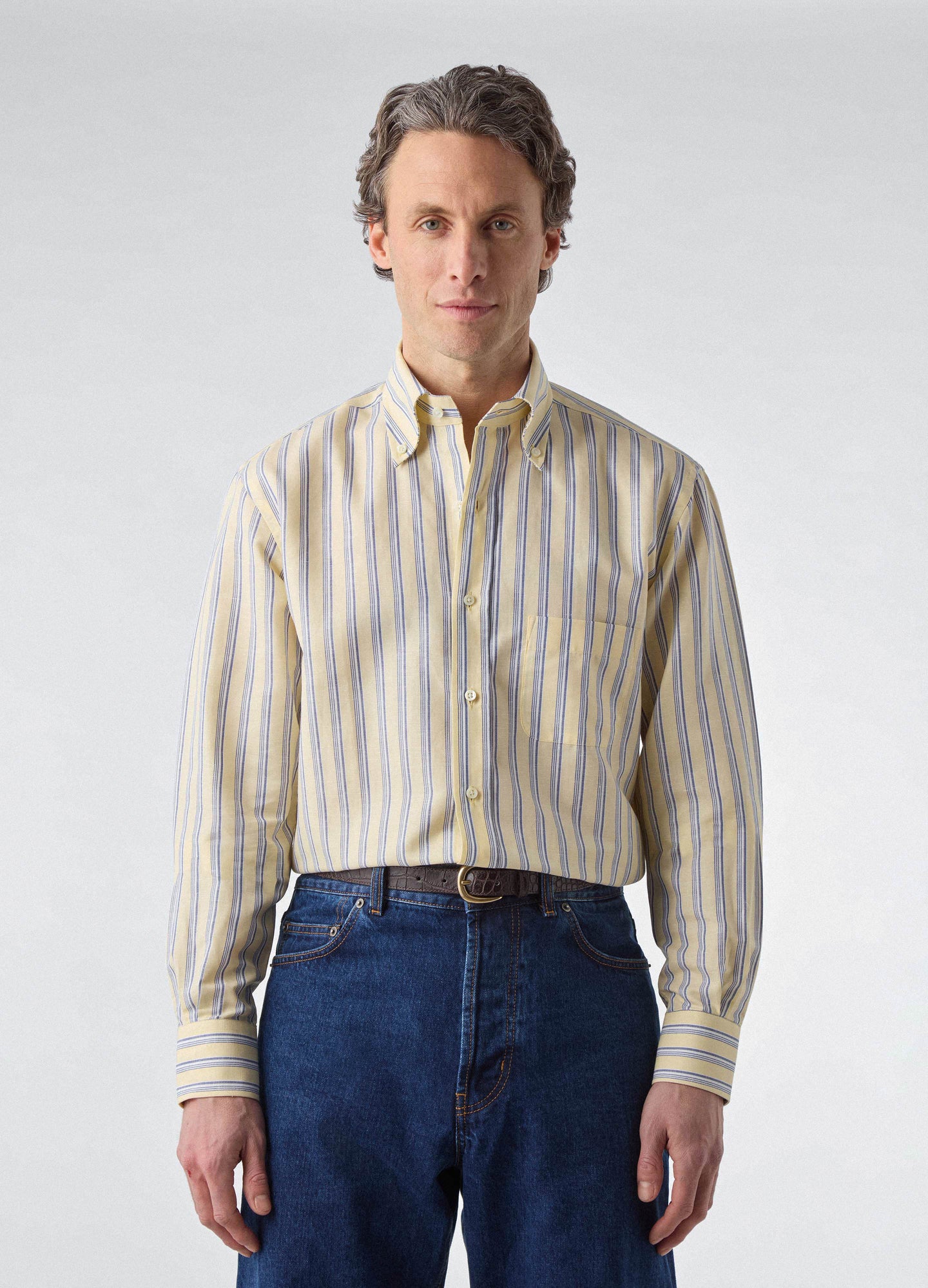 Ferdinand Cotton/Linen Button Down Shirt - Yellow/Blue/White | Berg & Berg